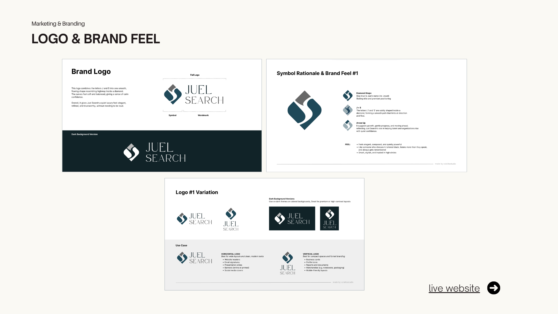 JUEL Search logo and brand feel exploration, delivered through Colalita Studio.